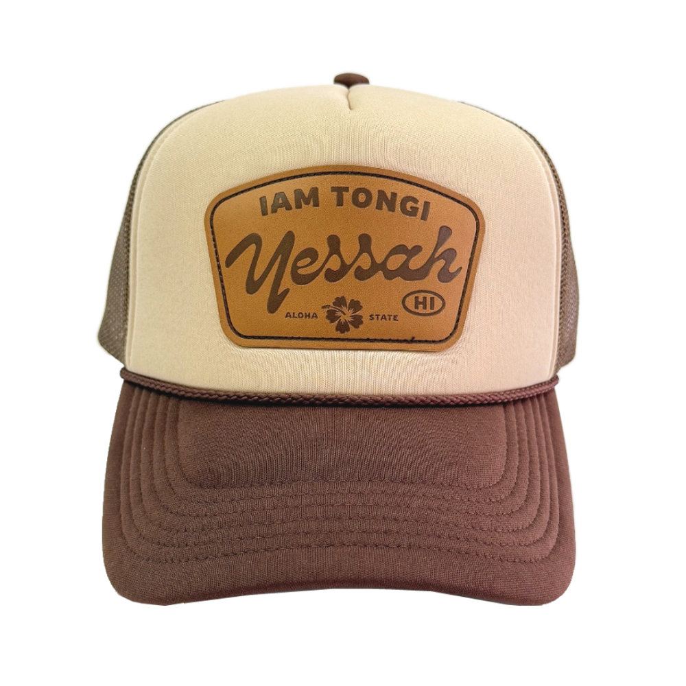 Khaki and Brown Leather Patch Trucker Hat