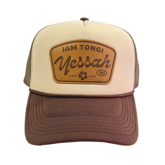 Khaki and Brown Leather Patch Trucker Hat